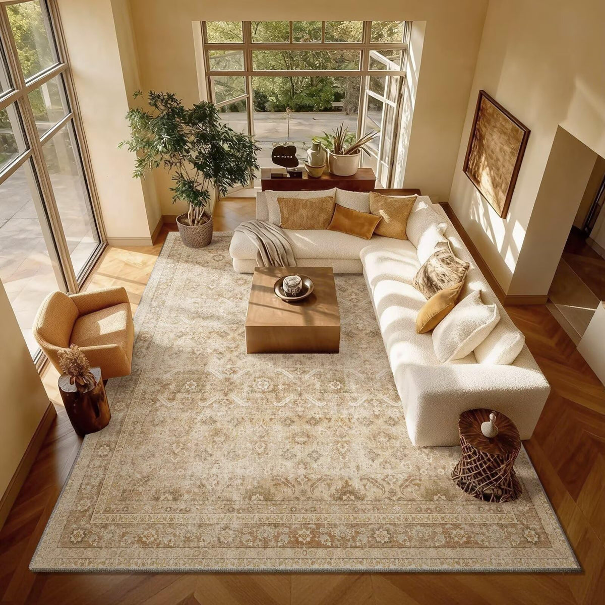 Washable 10x14 Area Rugs for Living Room, Ivory/Sage Gold