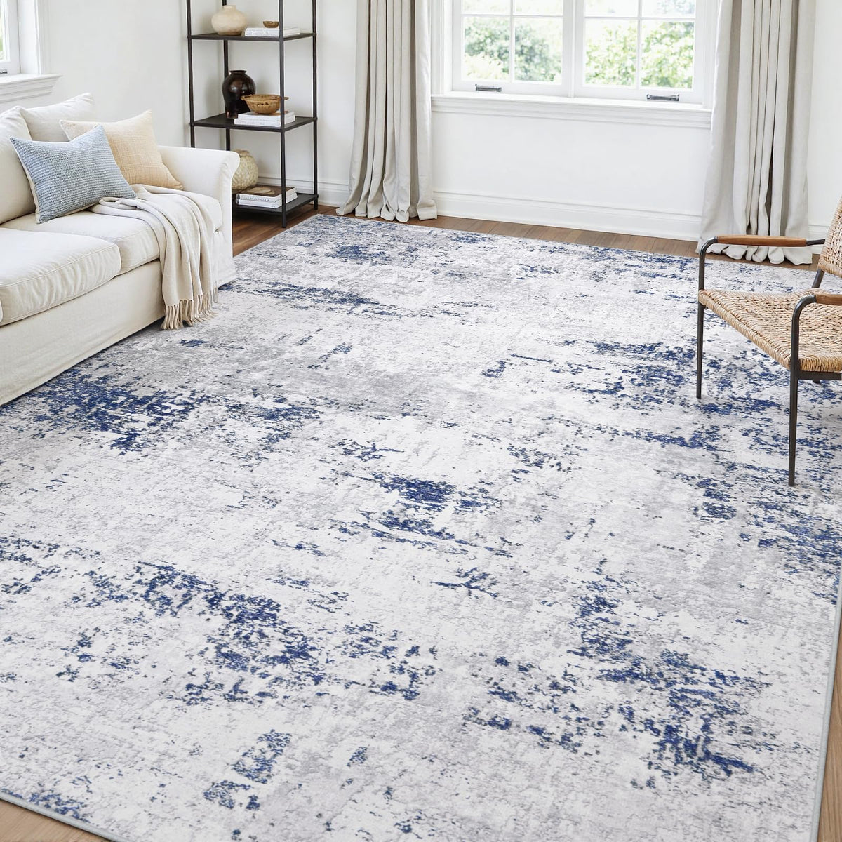 5x7 Area Rugs for Living Room Large Washable Abstract Rug White Gray Blue