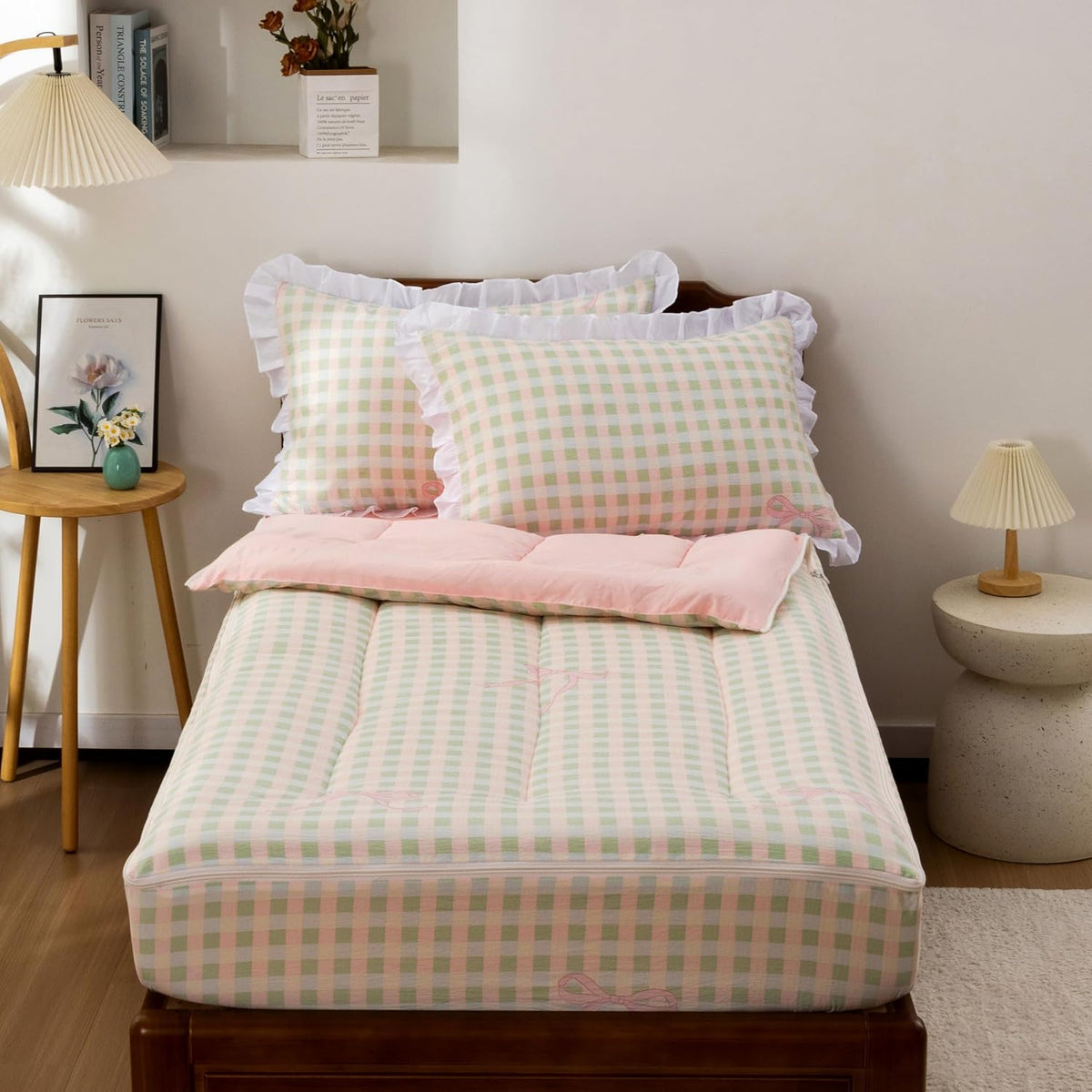 Aimuan Zipper Bedding Twin Zip Up Bedding Set Pink Checked Plaid 3 Pcs Zippered Bedding Twin Comforter Bed in a Bag with Fitted Sheet and 2 Pcs Pillowcases (Pink-Green,Twin)