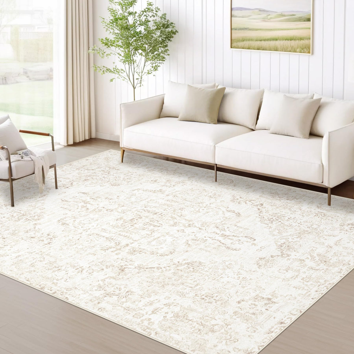 Area Rug 5x7 Vintage Rugs: Washable Living Room Rug Retro Medallion Distressed Large Rug Soft Low Pile Non-Slip Rugs Indoor Floor Carpet for Bedroom Kitchen Nursery Dining Table Office (Beige/Brown)