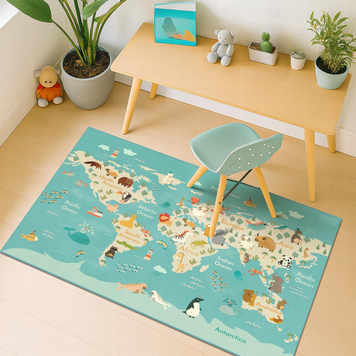 Hazo Haus Washable Kids Playroom Rug – 5x7 Play Rug for Preschool Toddlers, Girls, Educational with Cute Animals – Non-Slip, Stain Resistant, Soft & Safe for Bedroom, Play Room and Classroom - Blue