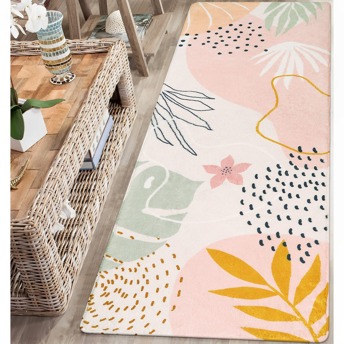 Lahome Pink Boho Nursery Rug 4x6, Washable Non Slip Soft Botanical Area Rug for Girls Bedroom Kids Room Playroom Dorm Apartment Decor