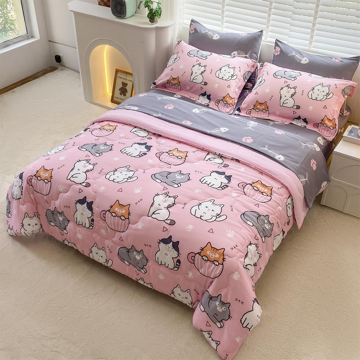 7 Piece Girls Cats Bedding Comforter Set Twin Size for Kids Bed in A Bag Pink Cute Cartoon Pet Cat Bedding Set for Boys Teens (1 Comforter, 1 Flat Sheet, 1 Fitted Sheet, 4 Pillow Sham) Gray
