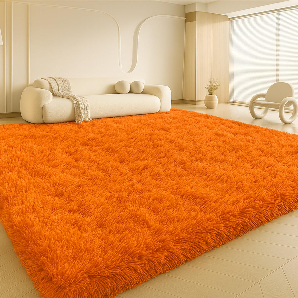 8x10 Cream Fluffy Shag Area Rug, Non-Slip Soft Carpet for Home