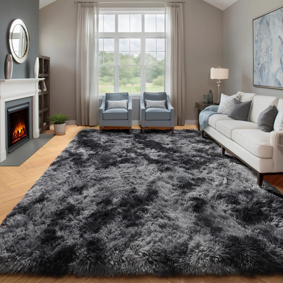 Area Rugs for Bedroom Living Room, 4x6 Fluffy Grey and Black Geometric Rug