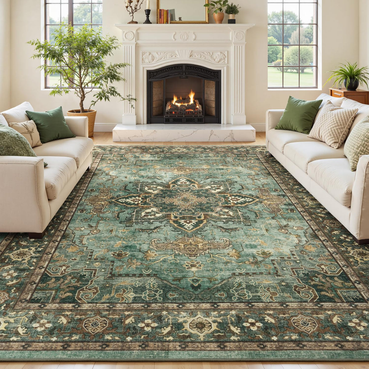 Sage Green 8x10 Area Rug for Living Room, Vintage Boho Large Carpet