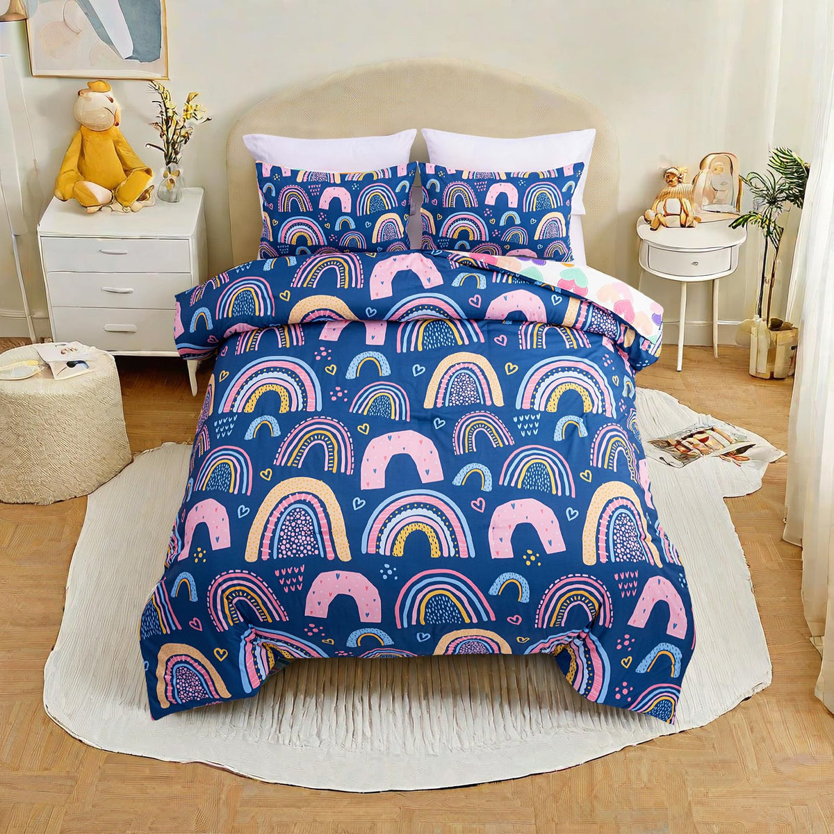 Btargot Lightweight Soft 3 Piece Rainbow Comforter Set with 2 Pillow Covers, Cartoon Love Hearts Flowers and Grass Bedding Set for Girls Boys Kids, Full Multi-Color