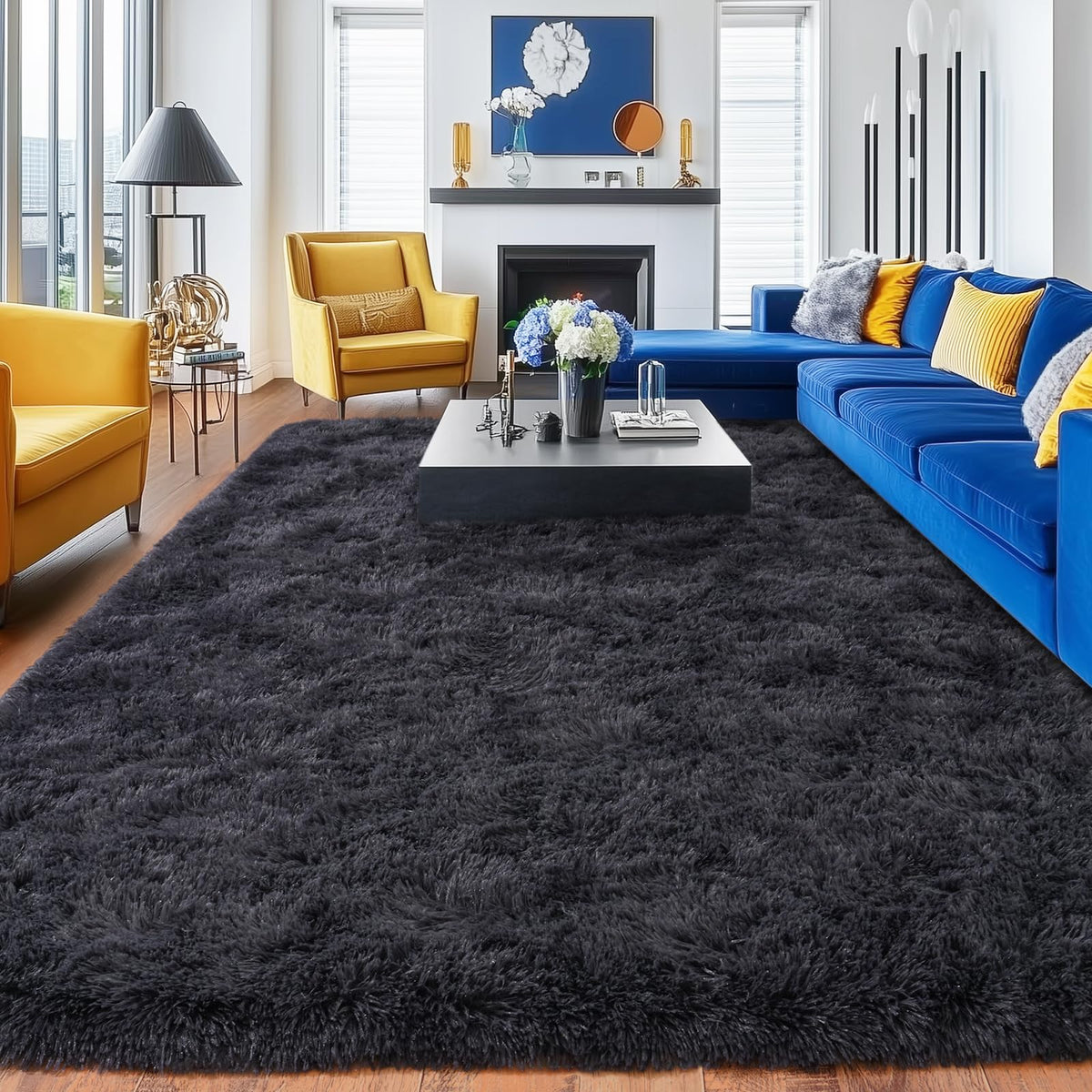 Black Rug for Bedroom, Soft Shaggy Modern Shag 4x6 Area Rugs for Living Room, Upgrade Non-Slip Plush Fluffy Carpet for Kids Boys Girls Room Dorm Home Decor Aesthetic
