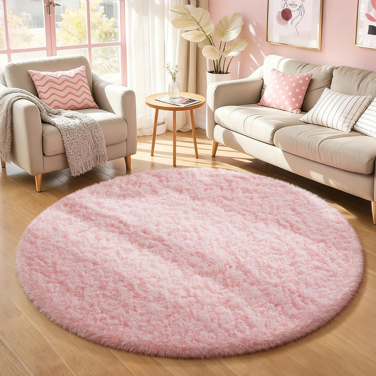 Ophanie Round Rugs 5Ft Ivory Circle Area Rug,Baby Nursery Living Room Bedroom Decor Circular Carpet 5 Foot,Fluffy Fuzzy Shag Plush Cream for Kids Boys Girls Teen with Over 99 pcs Pile fibers