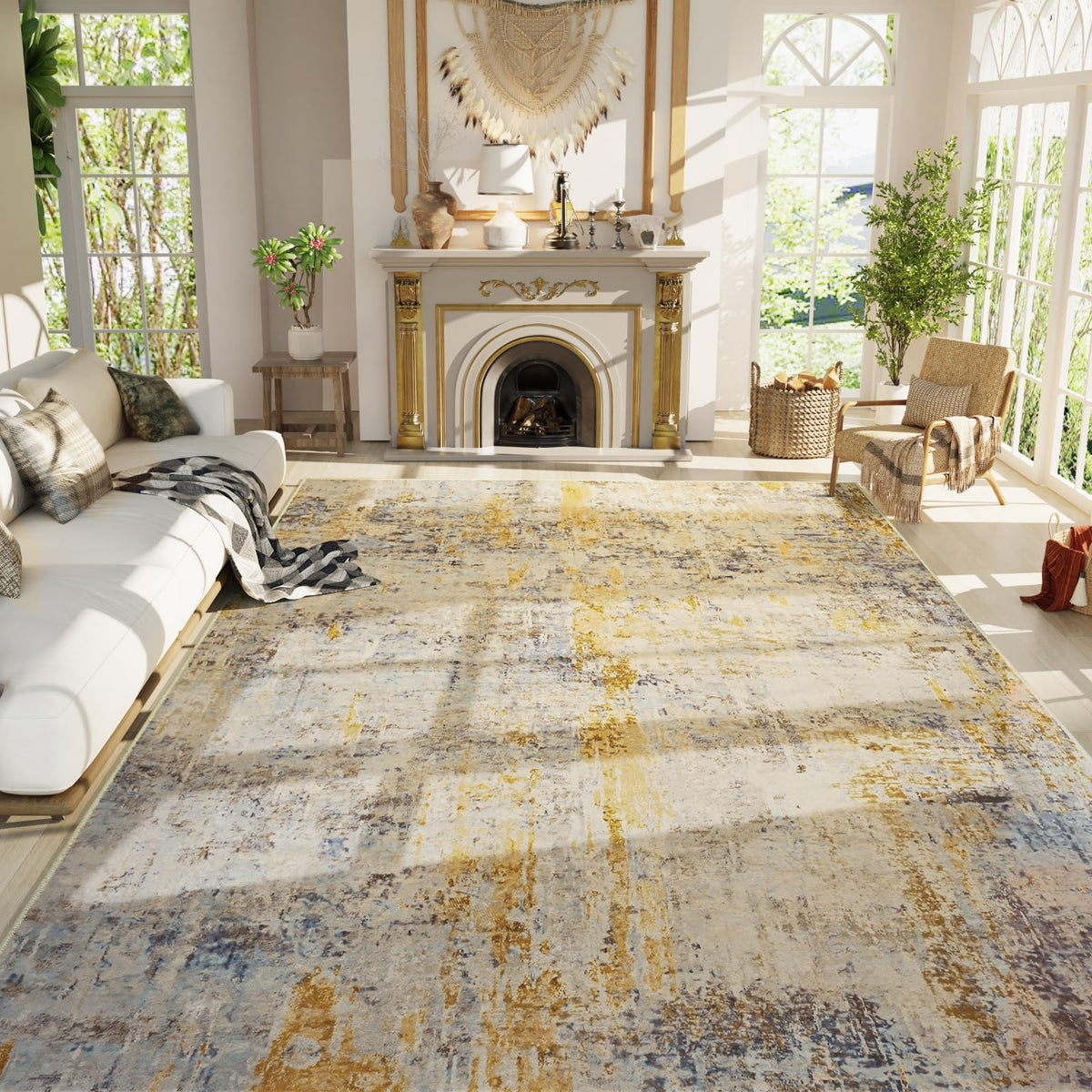 Living Room Rug 5x7 Gray Area Rug Machine Washable Boho Rug Non Slip Abstract Vintage Indoor Large Rugs for Bedroom, Classroom, College Dorm, Farmhouse, Dining Room, Kids Playroom