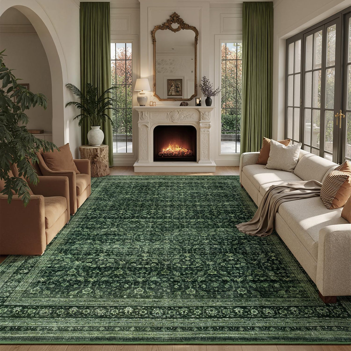 Sage Green 8x10 Area Rug for Living Room, Vintage Boho Large Carpet