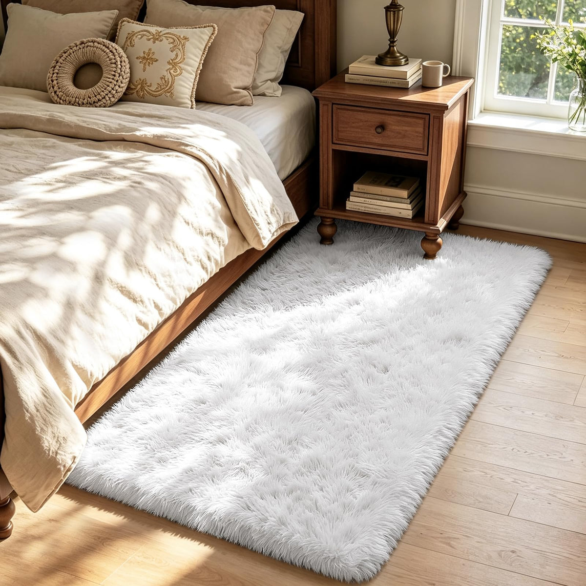 4x6 Beige Rug for Bedroom, Fluffy Shag Area Rug Small Rug Bedroom Carpet