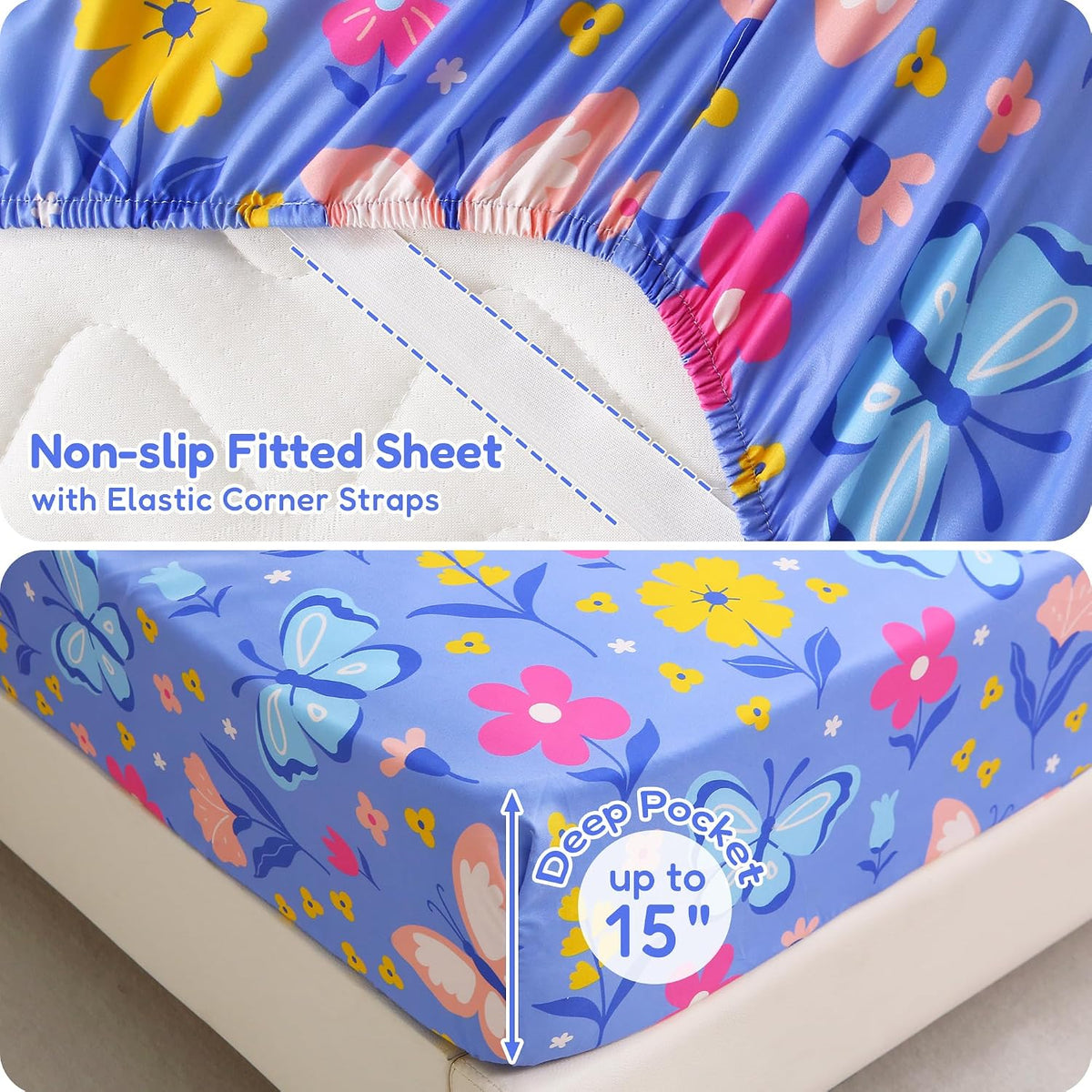 Softan Kids Twin Sheets Set, 3 Piece Butterfly Floral Bedding Set for Girls, Soft Breathable Microfiber with 15" Deep Pocket, Fitted Flat Sheet & Pillowcase