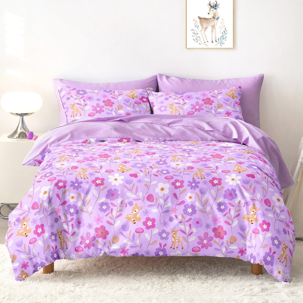 Wake In Cloud - Floral Bedding Set for Girls, Cute Colorful Botanical Flowers Deers Patterned Soft Lightweight Comforter Set with Sheets, 5 Pieces Kids Bed in a Bag, Green Cream, Twin Size