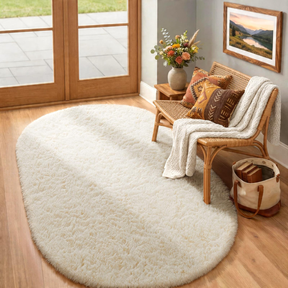 Ophanie Round Rugs 5Ft Ivory Circle Area Rug,Baby Nursery Living Room Bedroom Decor Circular Carpet 5 Foot,Fluffy Fuzzy Shag Plush Cream for Kids Boys Girls Teen with Over 99 pcs Pile fibers