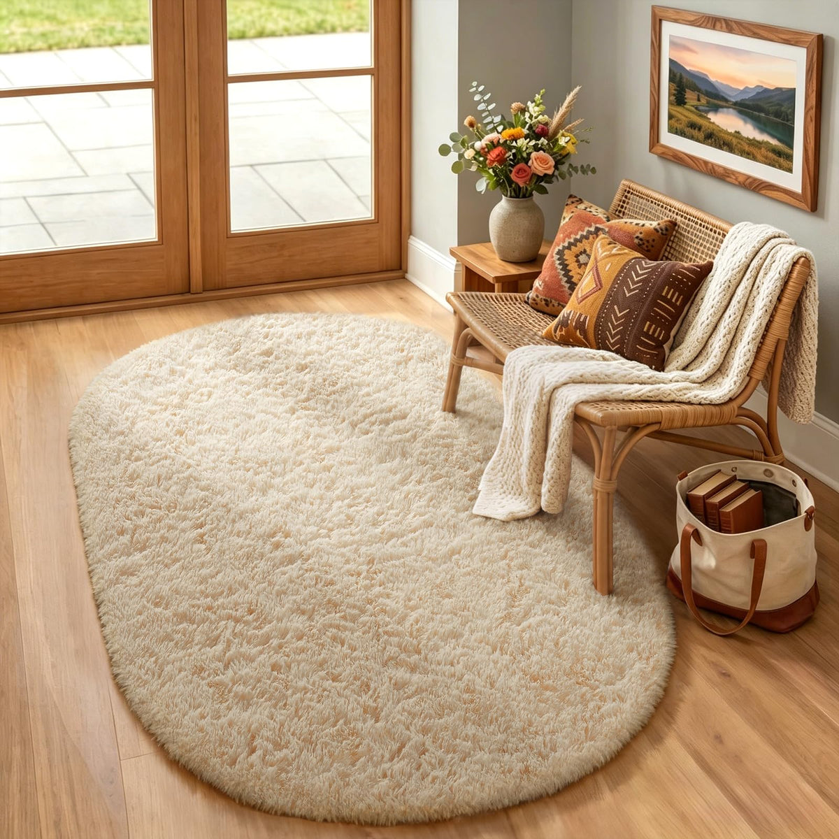 Ophanie Round Rugs 5Ft Ivory Circle Area Rug,Baby Nursery Living Room Bedroom Decor Circular Carpet 5 Foot,Fluffy Fuzzy Shag Plush Cream for Kids Boys Girls Teen with Over 99 pcs Pile fibers