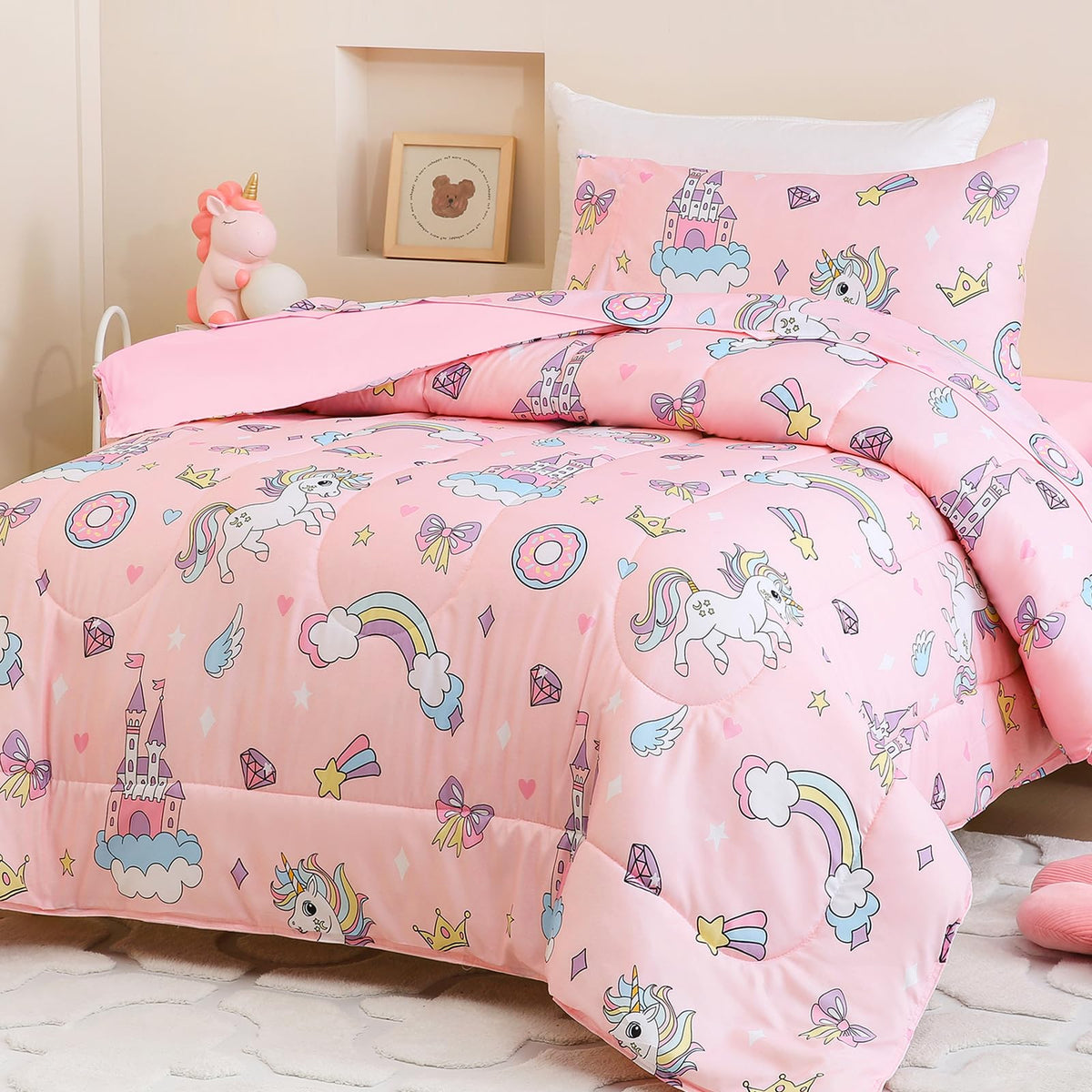 Twin Size Pink Check Comforter Set for Kids, Toddler, Boys&Girls, 4 Pieces Bed-in-a-Bag Bedding Set, All Season Ultra Soft Oeko TEX Sheets Set with Comforter, (Pink Bow)