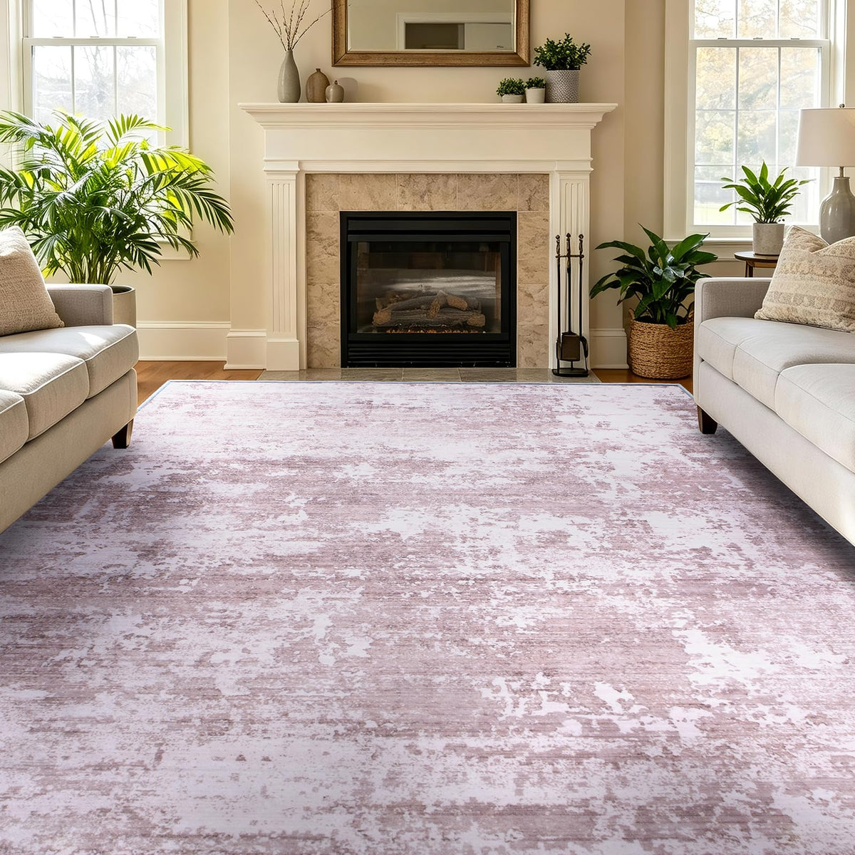 5x7 Area Rugs Living Room Rug Abstract Washable Rug Non-Slip Soft Low Pile Indoor Floor Stain Resistant Thin Carpet for Bedroom Dining Room Home Office Farmhouse Nursery - Light Gray & Cream 5' x 7'