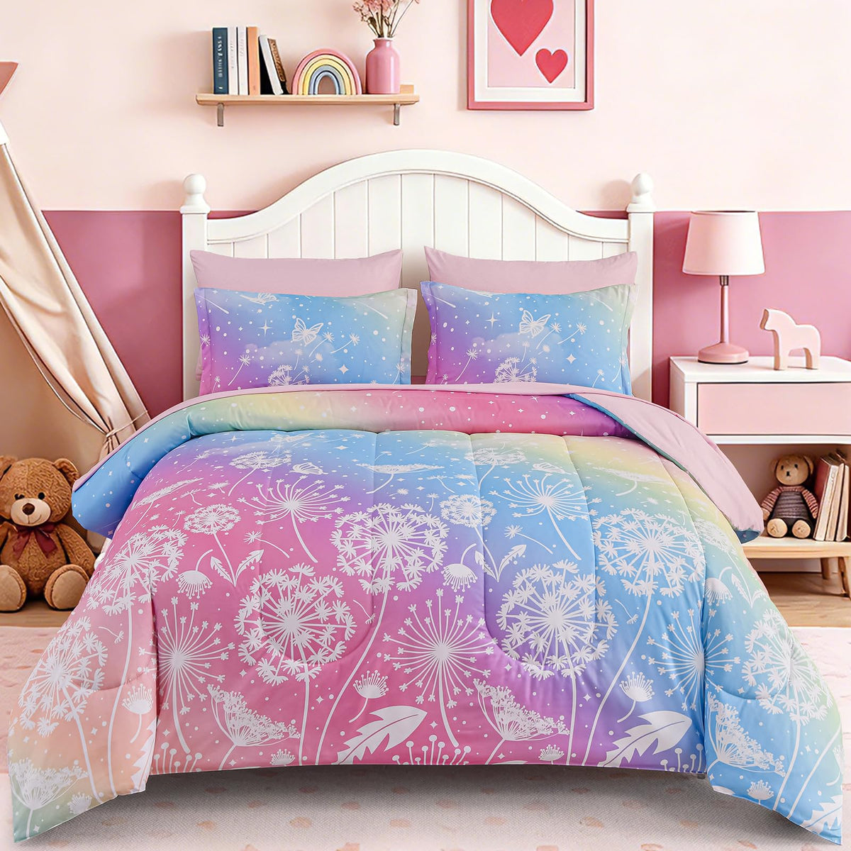 Dinjoy Girls Comforter Set 7 Pieces, Queen Size Colorful Ombre Rainbow Bedding Set, Bed in A Bag for Kid Teen Girls (1 Comforter, 1 Flat Sheet, 1 Fitted Sheet, 2 Pillow Shams, 2 Pillowcases)