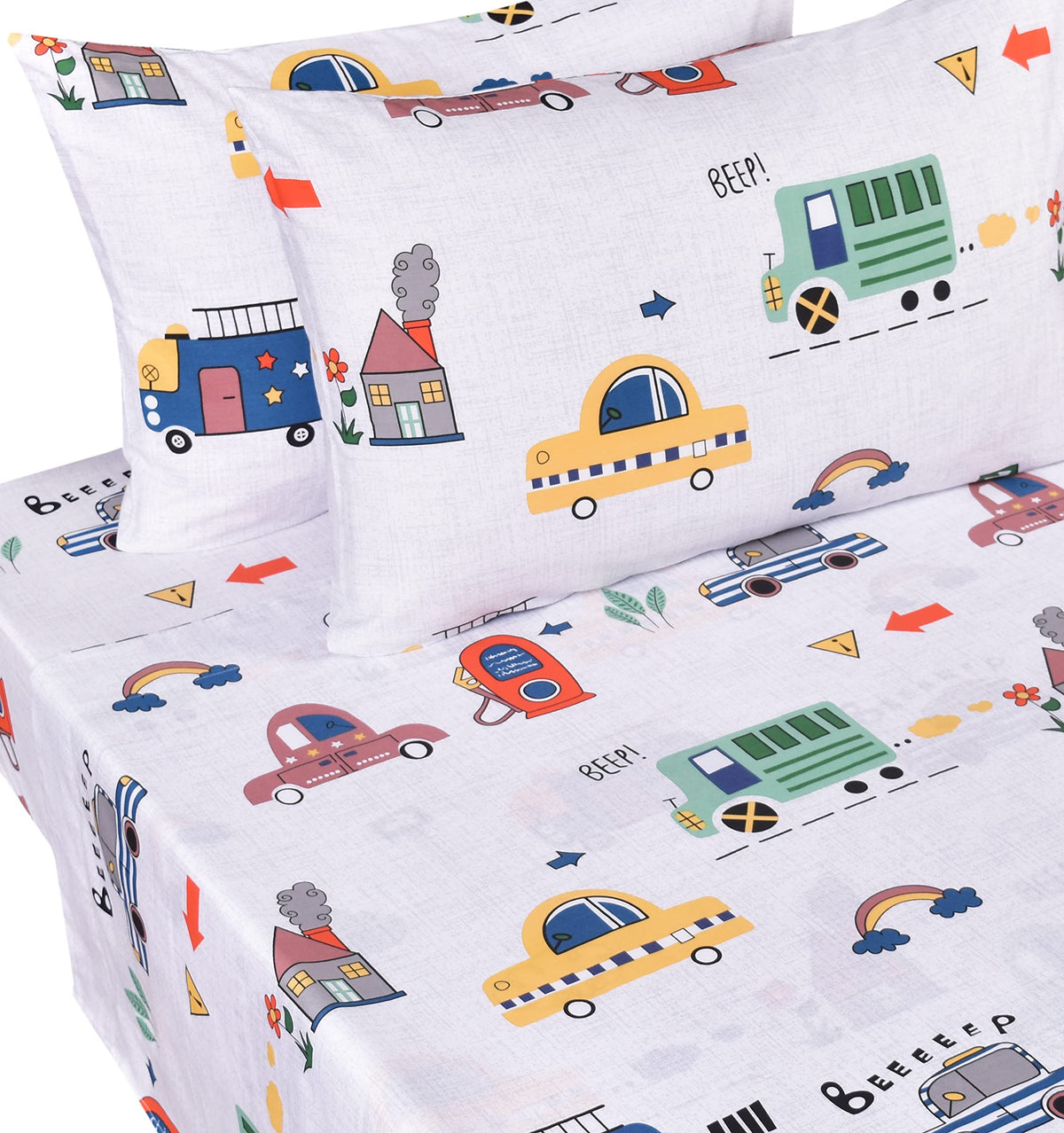 J-pinno Dinosaur Construction Work Digger Cars Vehicle Cute Cozy Fun Full Sheet Set for Kids Girls Children 100% Cotton Flat Sheet + Fitted Sheet + Piillowcase Bedding Set (Dinosaur, Full)