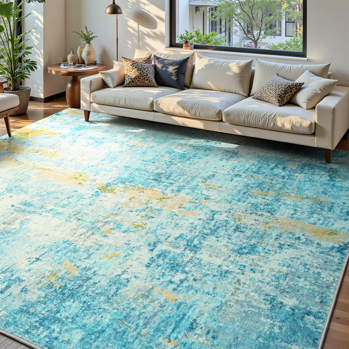 Living Room Rug 5x7 Gray Area Rug Machine Washable Boho Rug Non Slip Abstract Vintage Indoor Large Rugs for Bedroom, Classroom, College Dorm, Farmhouse, Dining Room, Kids Playroom