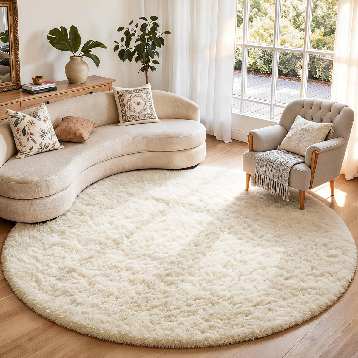 Ophanie Round Rugs 5Ft Ivory Circle Area Rug,Baby Nursery Living Room Bedroom Decor Circular Carpet 5 Foot,Fluffy Fuzzy Shag Plush Cream for Kids Boys Girls Teen with Over 99 pcs Pile fibers