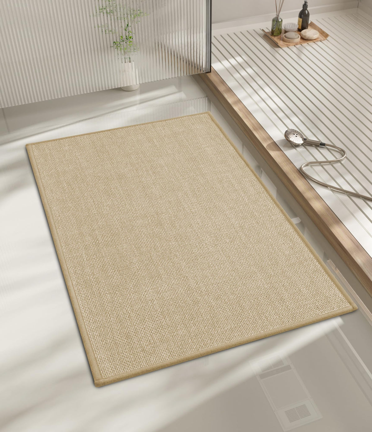 chakme Bathroom Rugs Mat 24x17, Ultra Thin Non Slip Bath Mat Small Quick Dry Absorbent Bath Mat for Bathroom Floor, (Dark Beige, 24"x17")
