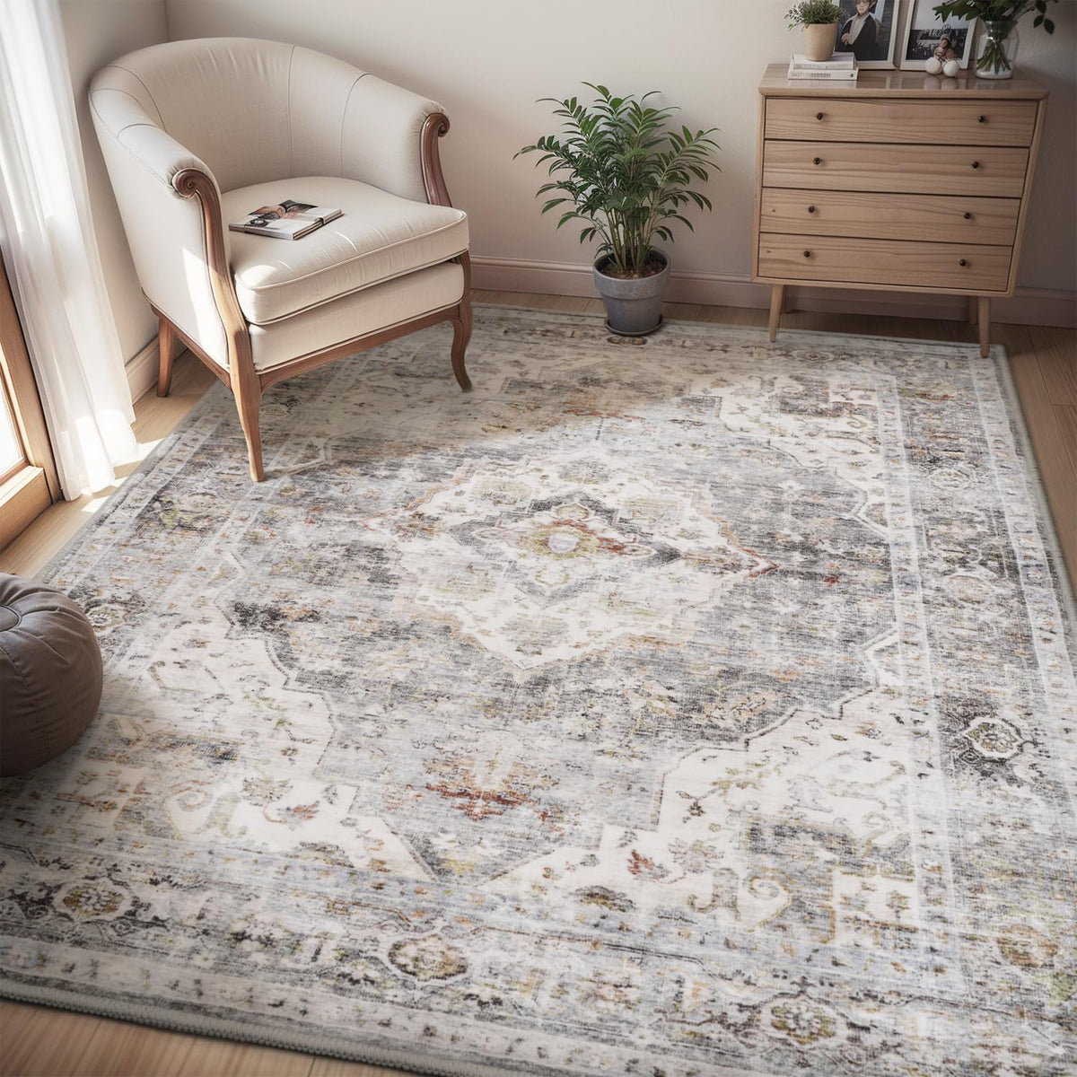 AMOAMI-Area Rug 5X7 Rugs for Living Room-Vintage Soft Beige Rugs for Bedroom-Non Slip Carpet-Machine Washable Rug for Dining Room Living Room Bedroom Office Under Table-Beige