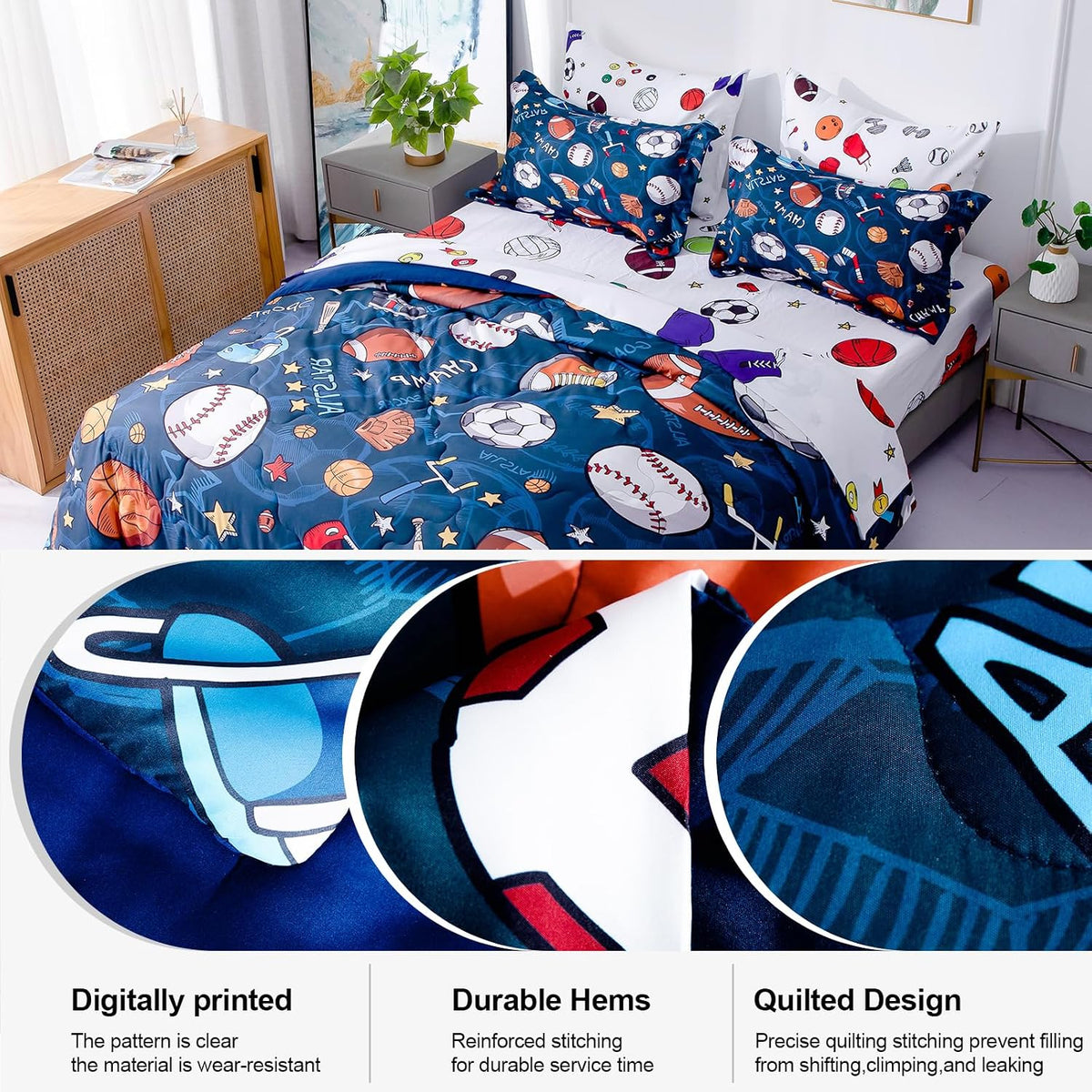 Wajade Sports Comforter Set Bed in A Bag Full Size 7 Piece 3D Soccer Basketball Baseball Football Bedding Set for Kids Boys (1 Comforter, 1 Flat Sheet, 1 Fitted Sheet, 2 Pillowcase and 2 Pillow Sham)