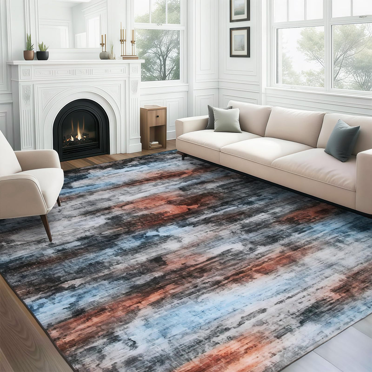 WILLSUN Washable Area Rugs, 5x7 Non-Slip Boho Large Area Rugs for Living Room, Bedroom, Machine Washable Vintage Rug, Indoor Floral Print Carpet for Home Decor, Kid & Pet Friendly Mat