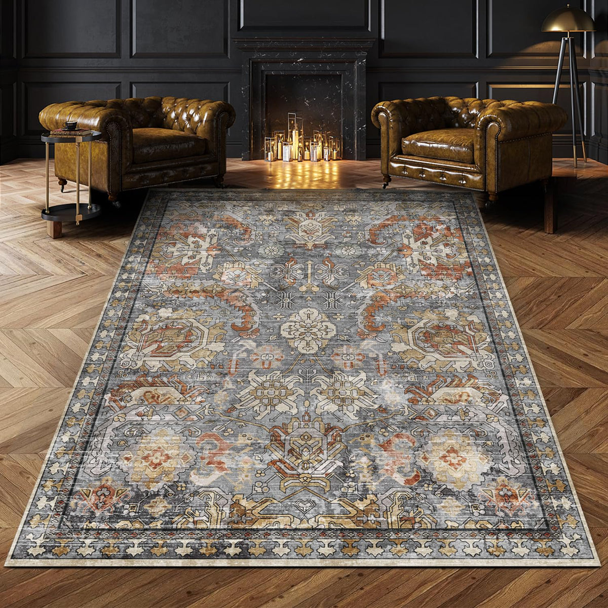 RUGSURE Washable Area Rug - 1/6 Thick - Stain & Water Resistant Non-Slip - Resistant Rug for Living Room, Bedroom, Nursery, Pet & Child Friendly, Vintage Charm Area Rugs (Grey+LightTeal, 3' x 5 ')