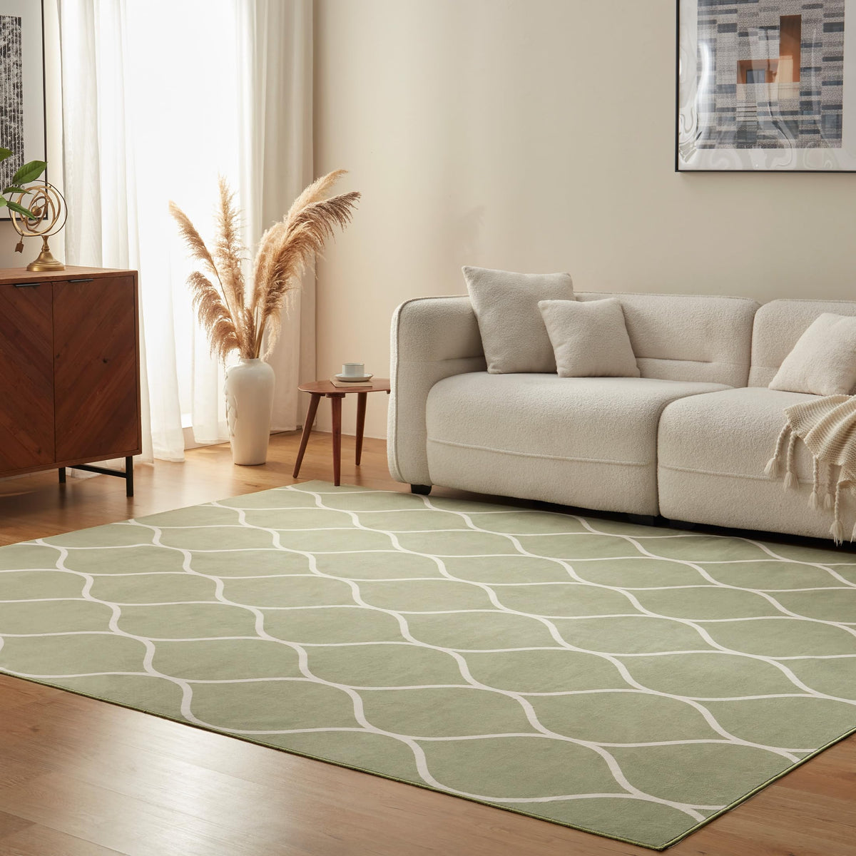 Amazon Basics Thin Indoor Area Rug, Geometric Printed Washable Home Decor Carpet for Living Room Bedroom, 4' W × 6' L, Beige Geometric