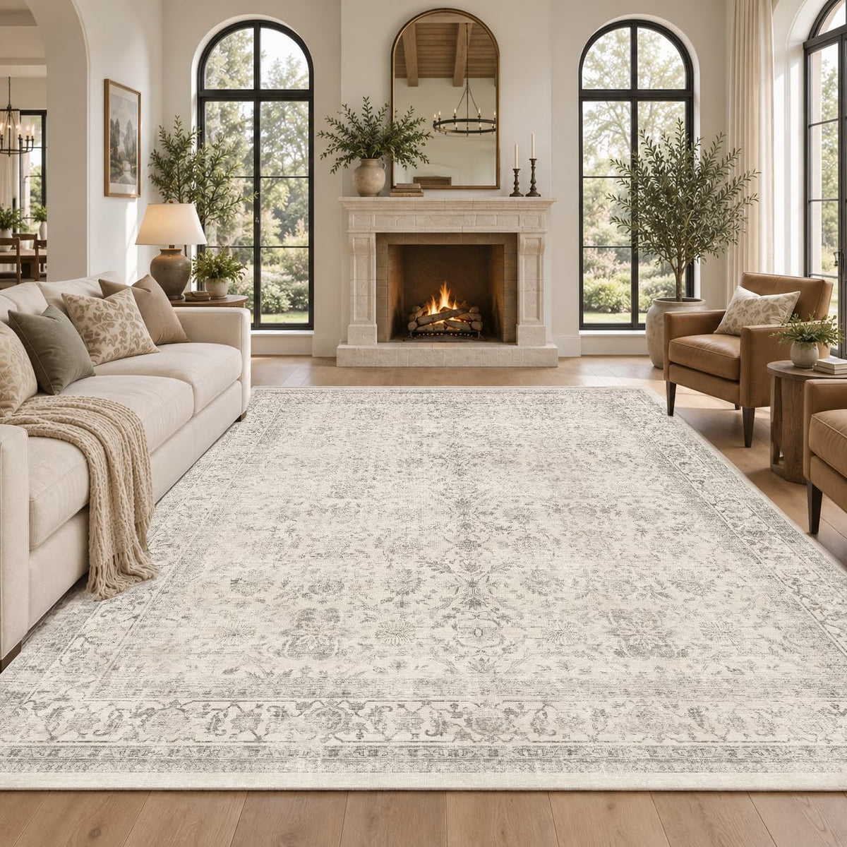 FMFUNCTEX 5x7 Washable Beige Neutral Vintage Retro Area Rug for Living Room