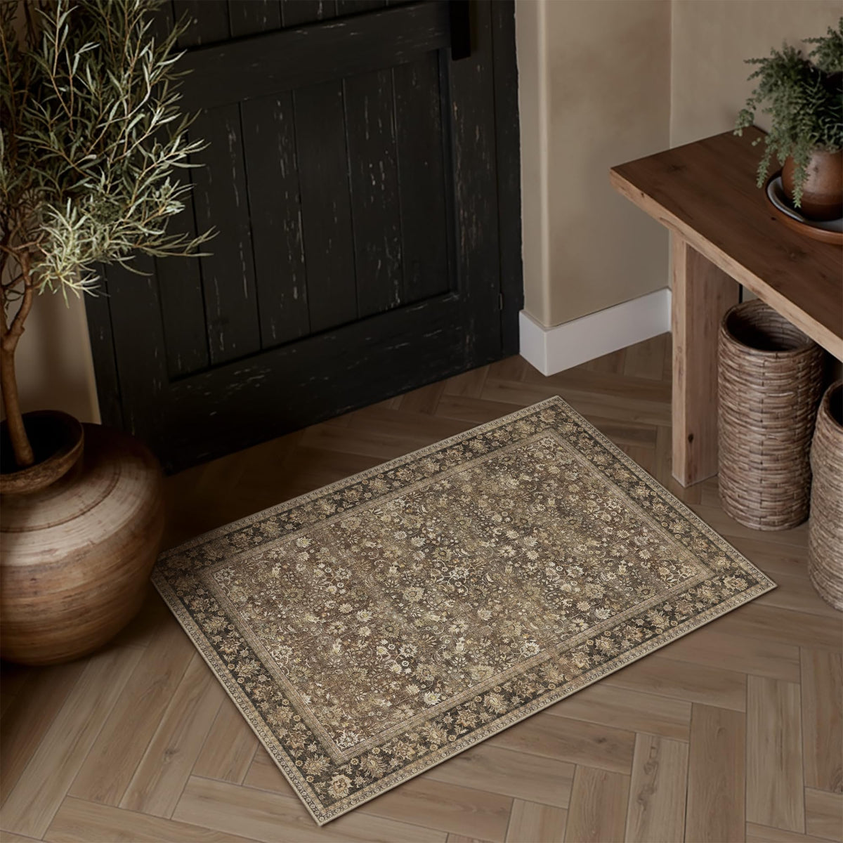 HUGEAR 2x6 Brown Vintage Floral Washable Runner Rug for Hallway