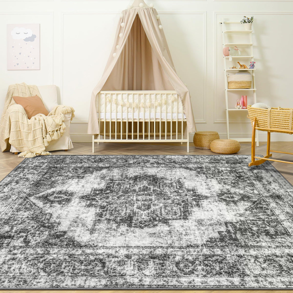 Area Rug 5x7 Vintage Rug: Washable Indoor Medallion Rugs Low Pile Distressed Floor Carpet Retro Accent Rug for Living Room Bedroom Kitchen Dining Table Home Office(Beige, 5'x7')