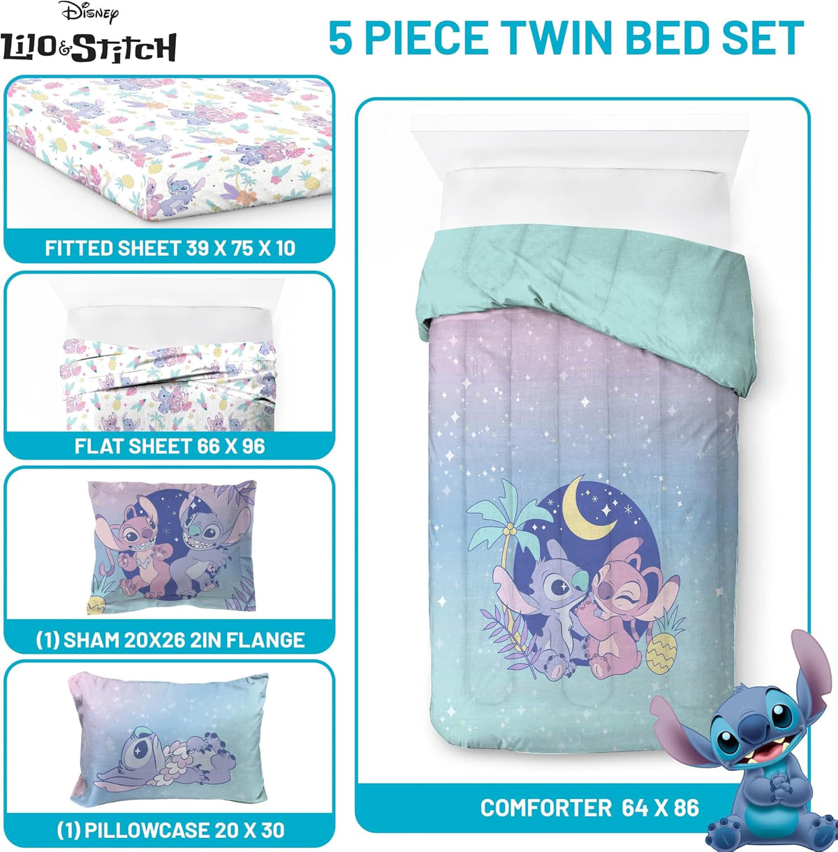 Disney Lilo & Stitch Twin Comforter Set, 5 Pc Bed in a Bag, Reversible