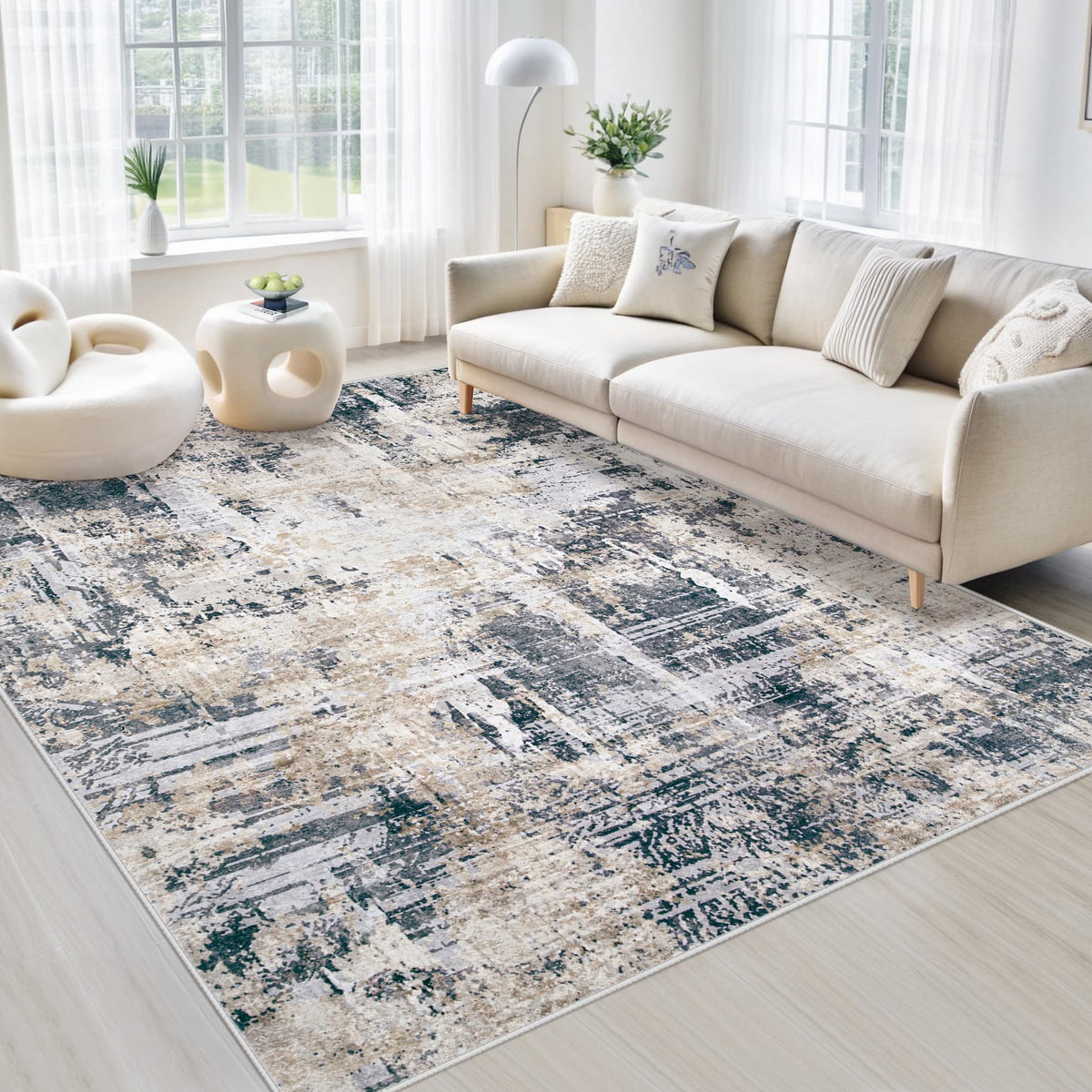 Area Rugs 5x7 Living Room: Washable Rug Modern Abstract Large Rug Soft Non Slip Neutral Rugs Stain Resistant Indoor Carpet for Bedroom Kitchen Dining Room Table Nursery Home Office Rugs(Beige,5'x7')