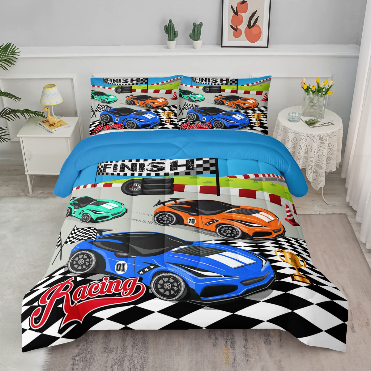Axolotl Kid Comforter Set Twin Size,Racing Car Bedding Set for Boys Girls Teen Kids Children Racing Gifts,Race Cars Quilt Bed Set with 1 Comforter 2 Pillowcases,Red Grey