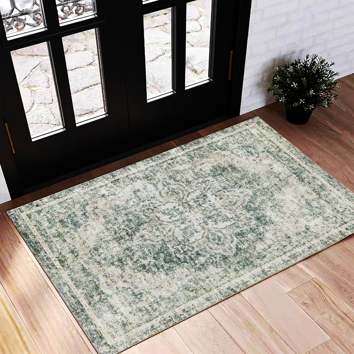 CHAMPLANT Area Rug 4x6 Washable Rug Gray Vintage Traditional Floor Cover Foldable Thin Retro Accent Indoor Distressed Non Slip Carpet Floral Print Mat Bedroom Living Room Bathroom