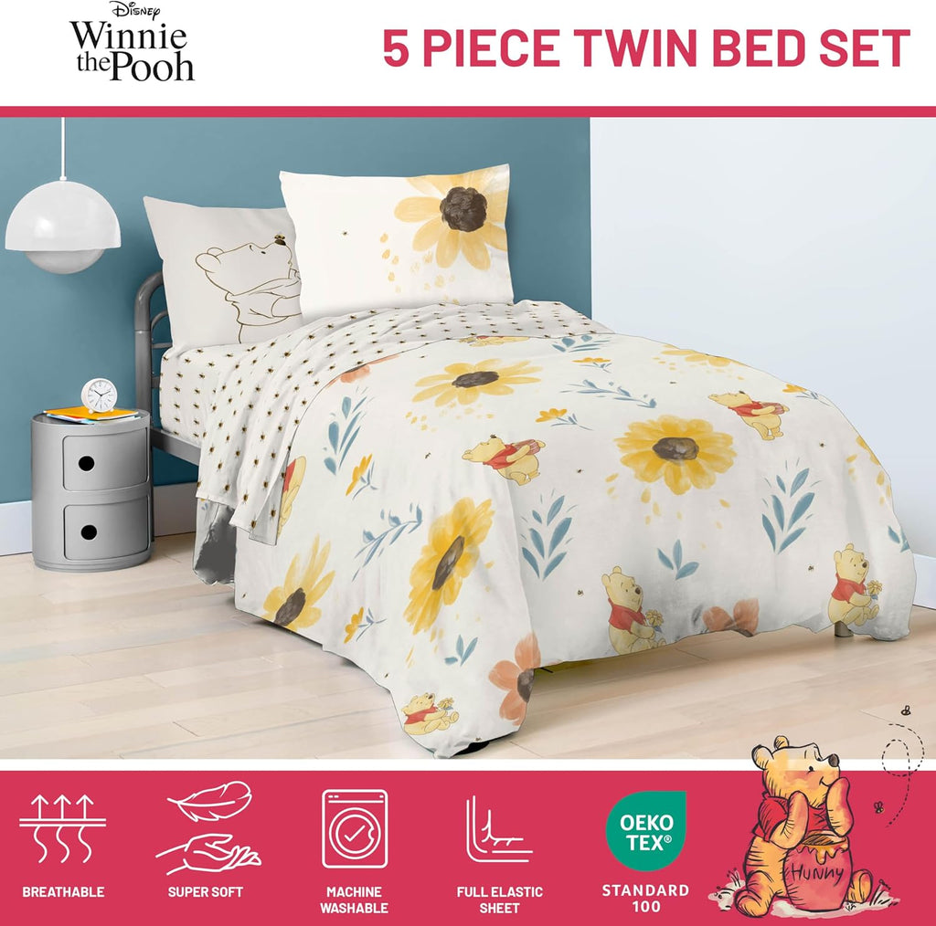 Disney Winnie The Pooh Twin Comforter Set 5 Piece Cartoon Bedding, Beige