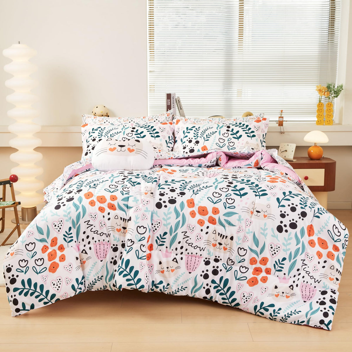 Mooreeke Full Size Comforter Sets for Girls Kids, 8 Pieces Bed in a Bag Pink Heart Bedding Comforter Sheet Set with Shams and Decorative Toy Pillow, Ultral Soft Microfiber Kids Bed Set