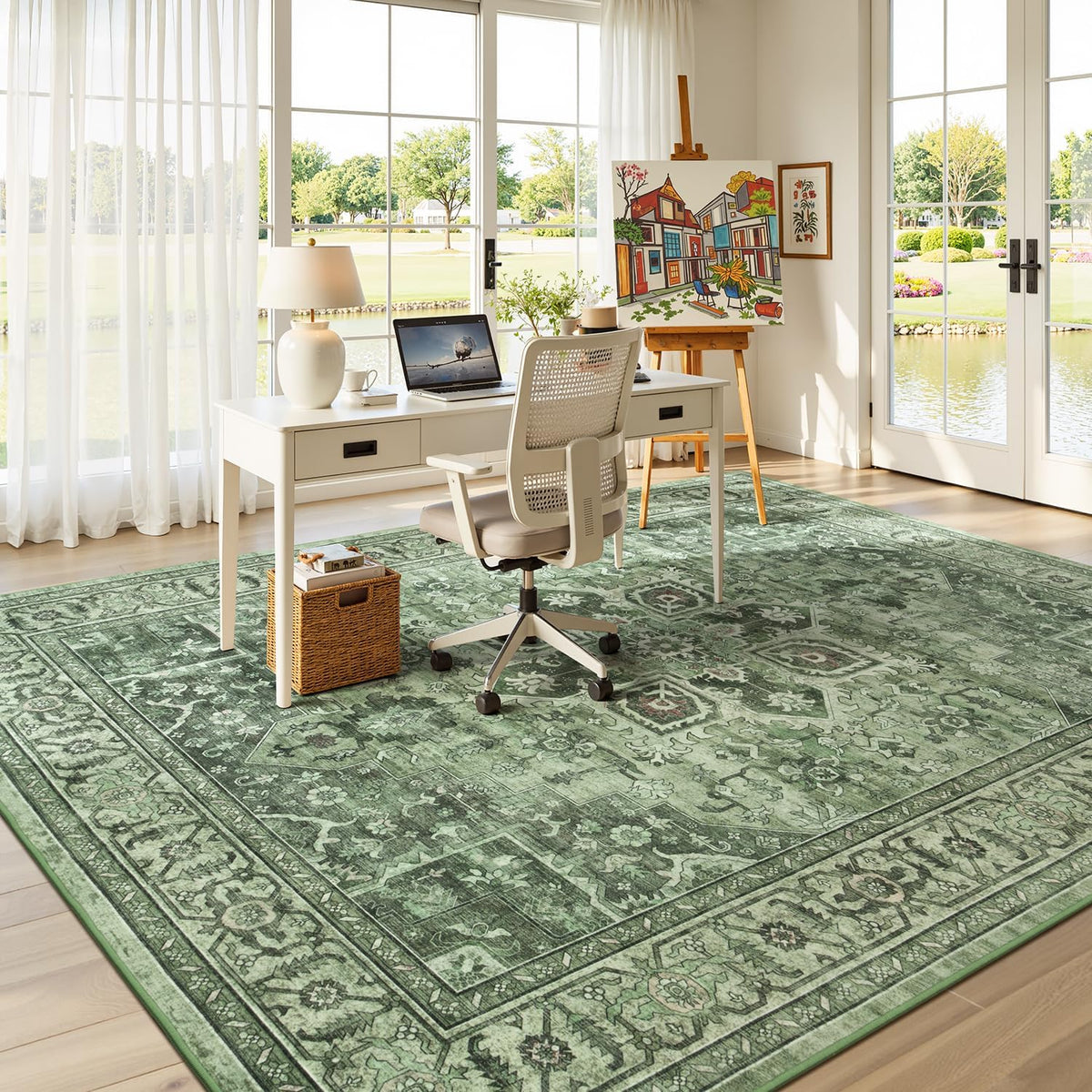 Sage Green 8x10 Area Rug for Living Room, Vintage Boho Large Carpet
