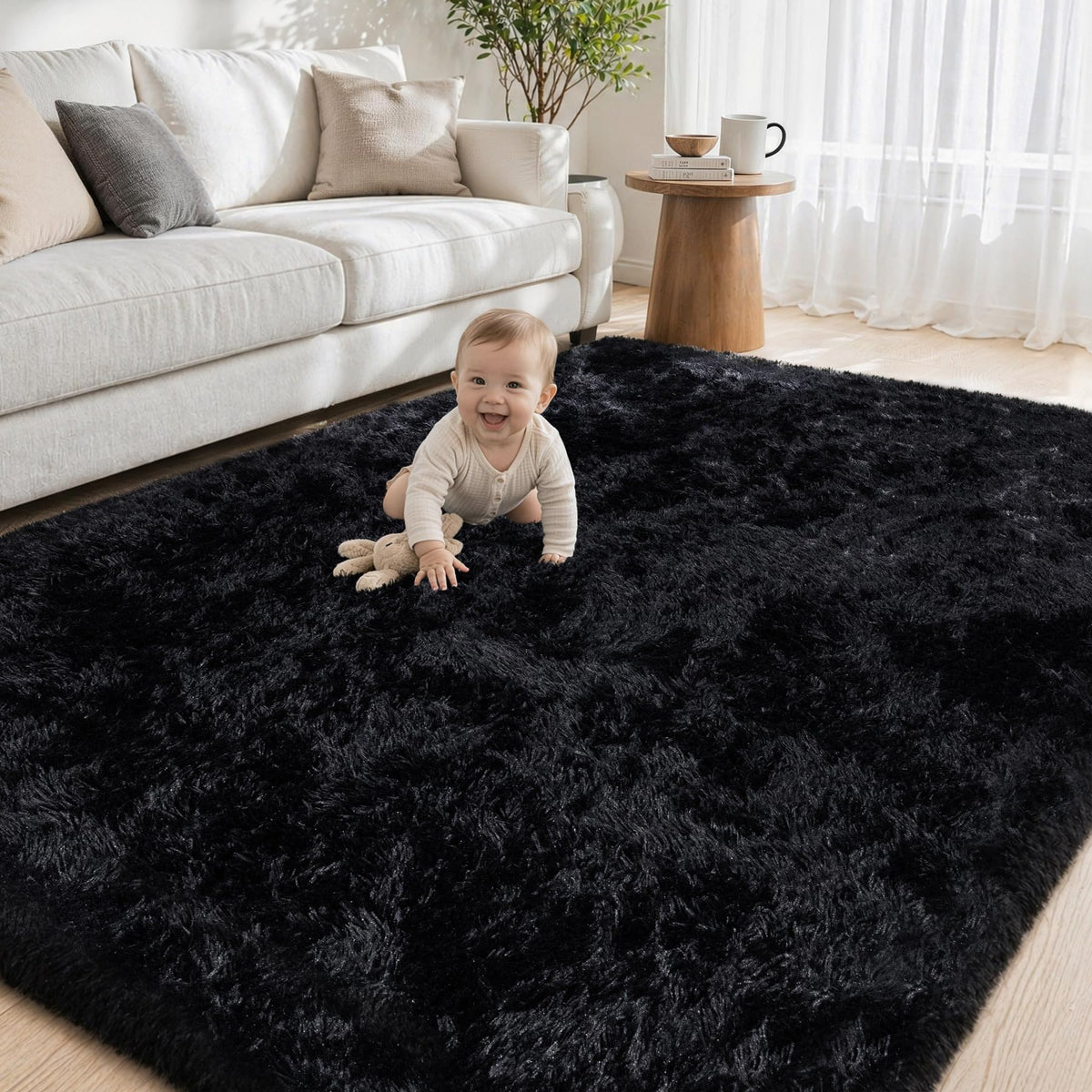 Tosuoka 4x6 Area Rugs for Bedroom, Soft Fluffy Shag Thick Black Rug