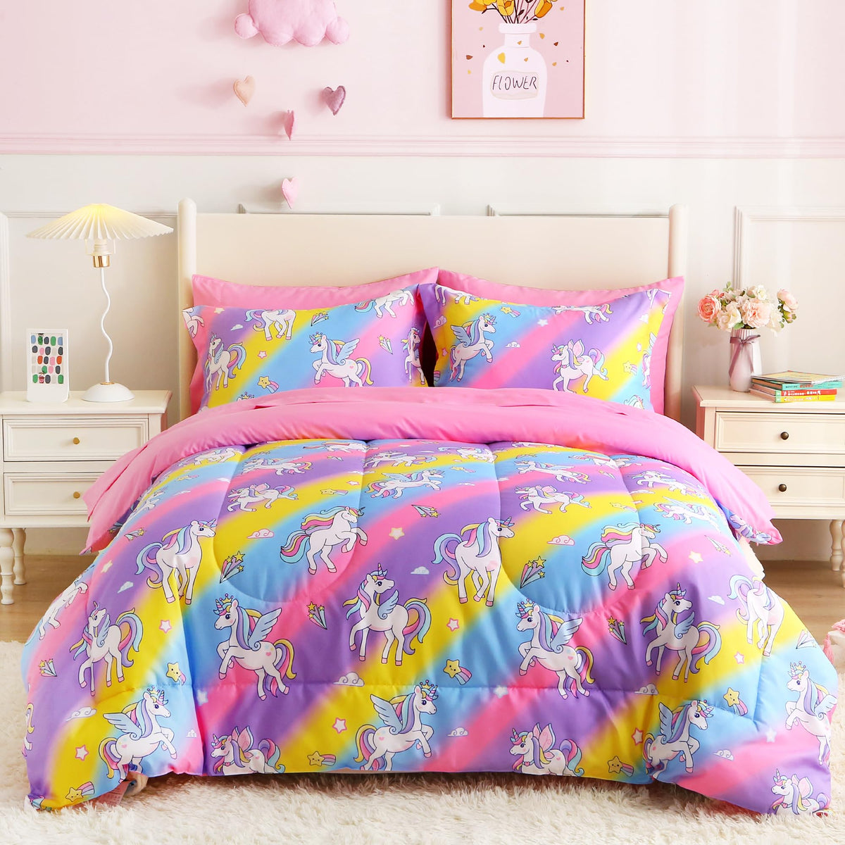 lasoftan Kids' Monster Truck Bedding Set, 7-Piece Soft Fluffy Bed-in-a-Bag with Comforter, Fitted Sheet, Flat Sheet, Pillowcase, Pillow Sham, Deep Pocket 15", All-Season, Monster Jam, Full