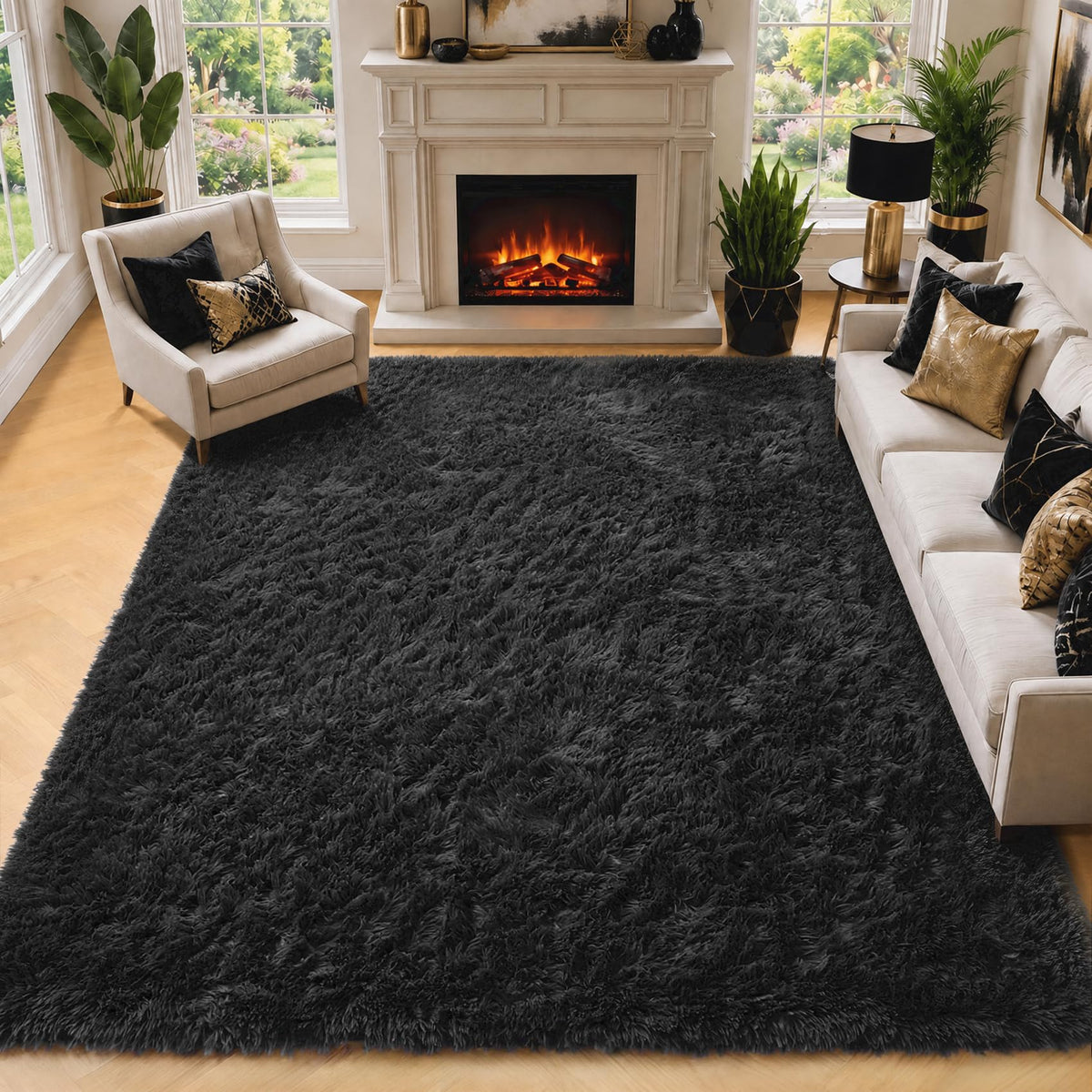 Area Rugs for Bedroom Living Room, 4x6 Fluffy Grey and Black Geometric Rug