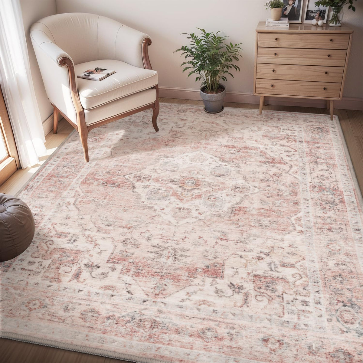 AMOAMI-Area Rug 5X7 Rugs for Living Room-Vintage Soft Beige Rugs for Bedroom-Non Slip Carpet-Machine Washable Rug for Dining Room Living Room Bedroom Office Under Table-Beige