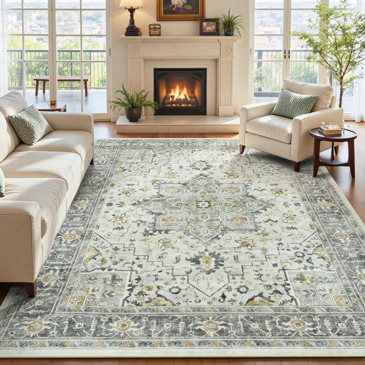 Sage Green 8x10 Area Rug for Living Room, Vintage Boho Large Carpet
