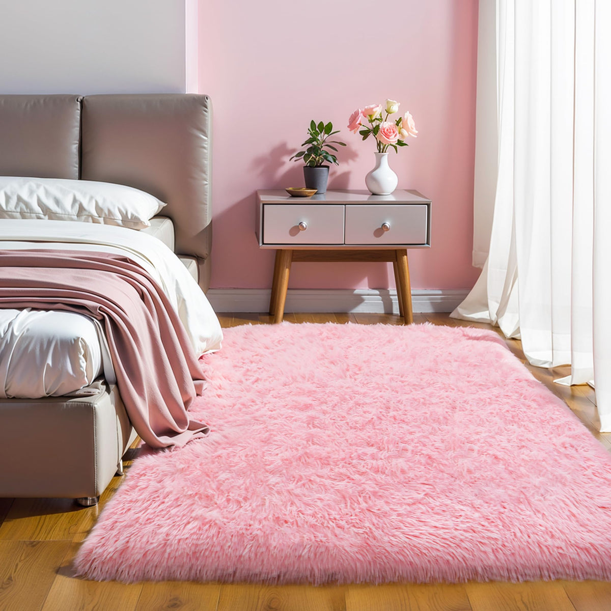 4x6 Light Grey Fluffy Shag Rug for Bedroom, Plush Washable Carpet