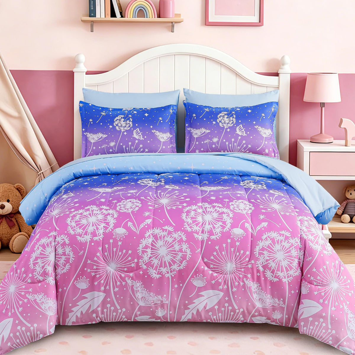 Dinjoy Girls Comforter Set 7 Pieces, Queen Size Colorful Ombre Rainbow Bedding Set, Bed in A Bag for Kid Teen Girls (1 Comforter, 1 Flat Sheet, 1 Fitted Sheet, 2 Pillow Shams, 2 Pillowcases)