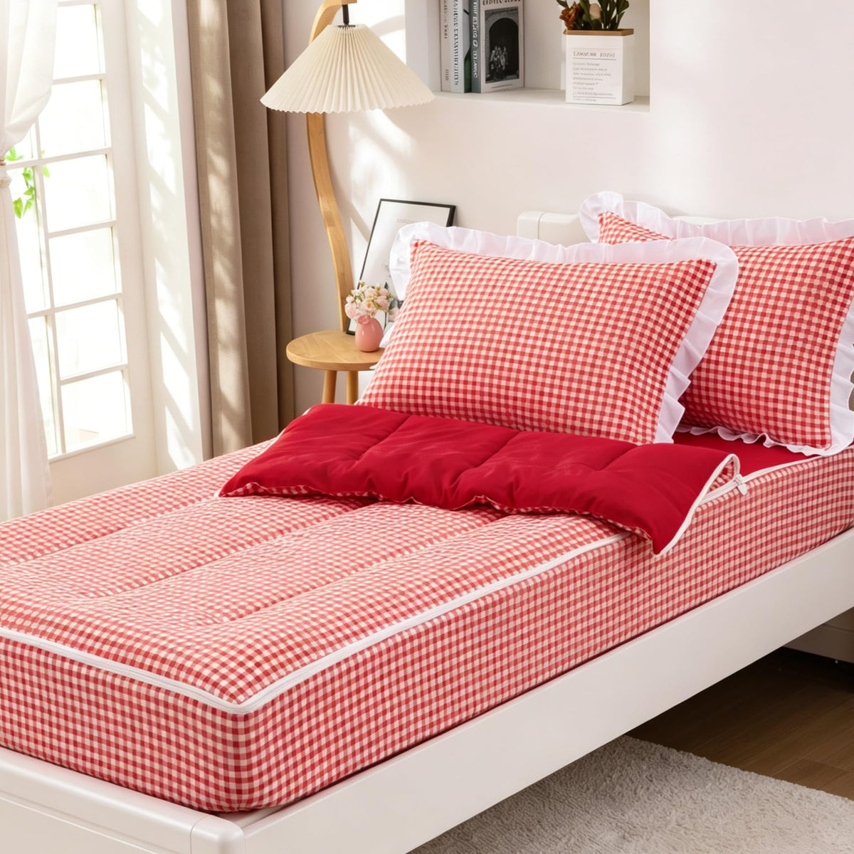 Aimuan Zipper Bedding Twin Zip Up Bedding Set Pink Checked Plaid 3 Pcs Zippered Bedding Twin Comforter Bed in a Bag with Fitted Sheet and 2 Pcs Pillowcases (Pink-Green,Twin)